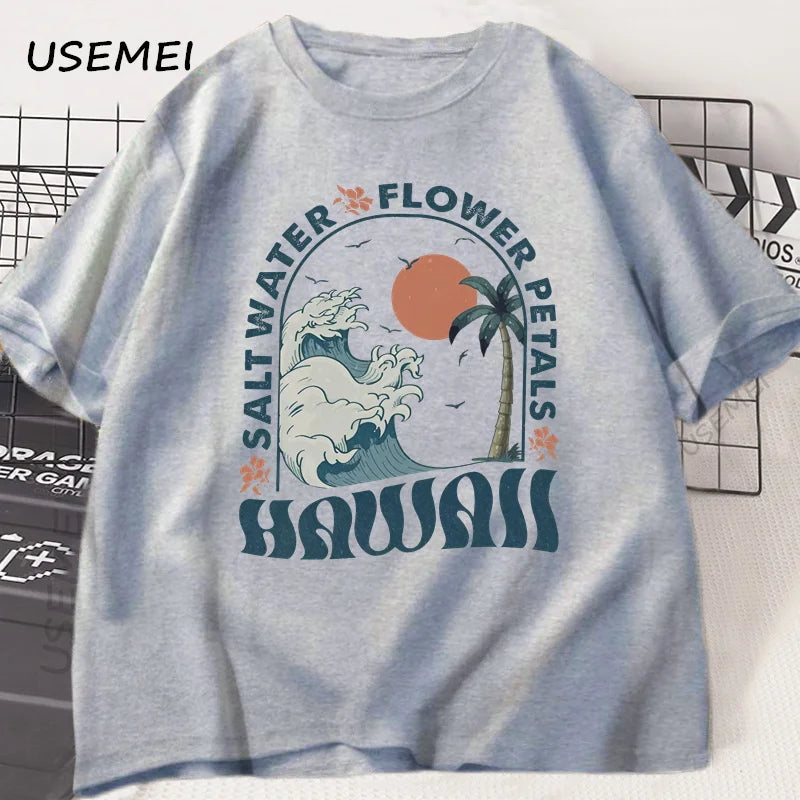 Hawaii Beach T-Shirt Ocean Beach T Shirt Men Women Summer Vibes Vacation Graphic T Shirts Cotton Short Sleeve Mens Clothing