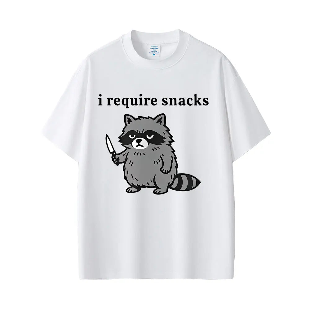 I Require Snacks Raccoon Funny Meme T-shirt Men Women Casual Humor Style T Shirts Men's 100 Cotton Vintage T-shirts Streetwear