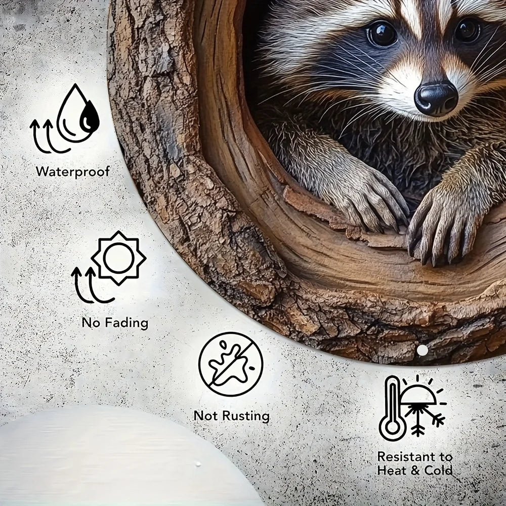 Raccoon in Tree Hole Aluminum Sign - Multifunctional Wall Decor, Waterproof Durable Metal Plaque for Home, Room Decor