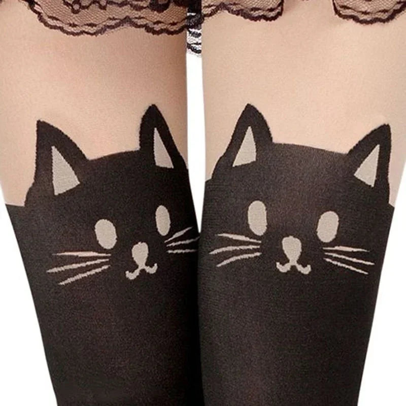 Black Cat Printed Silk Knee Socks