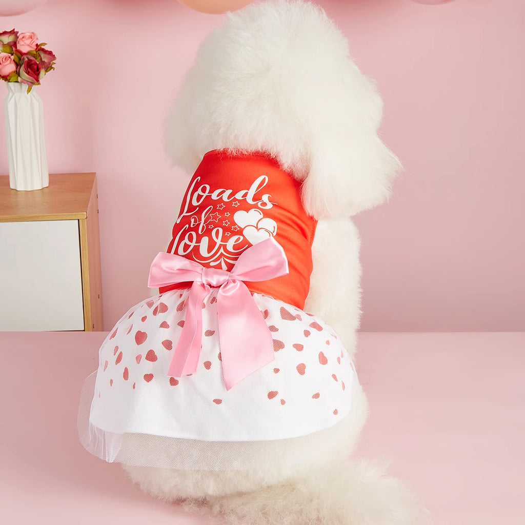 Valentine's Day Pet Dress, Red Top “Loads of Love”, Cute Puppy Skirt with Heart Prints, Bow - tied Doggie Outfit Clothes Apparel