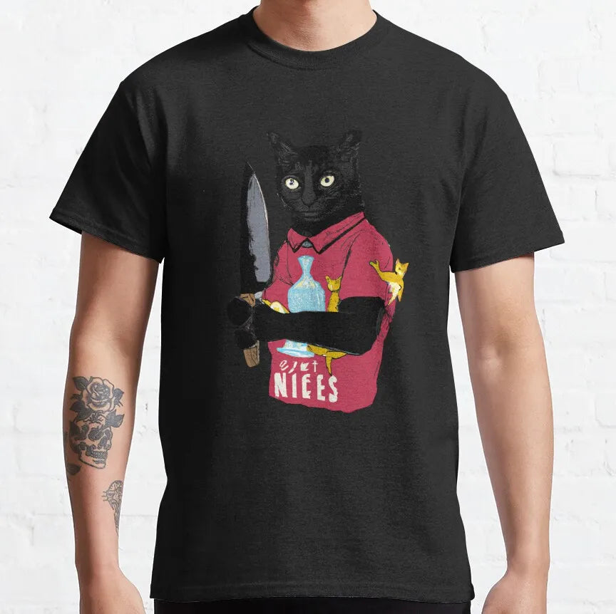 Cat What Murderous Black Cat With Knife T-Shirts for Men Kitten Lovers Cotton Big Tall Tees Short Sleeve T Shirt Big Size 6XL