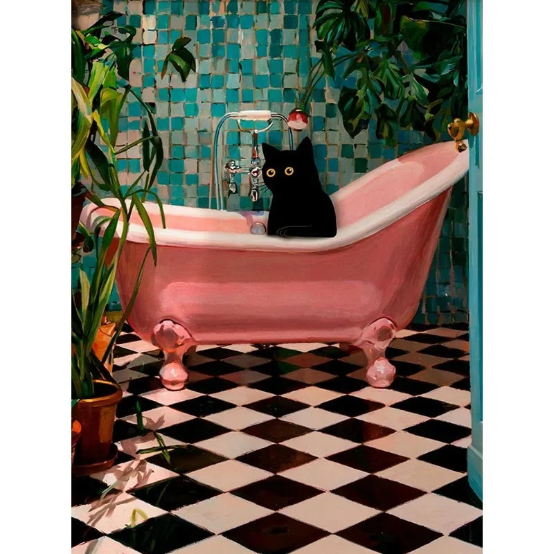 Colourful Funny Black Cat in Bathroom Poster