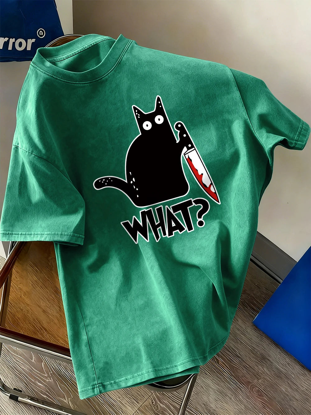 Black Cat Holding A Knife Prints Washed T-Shirt