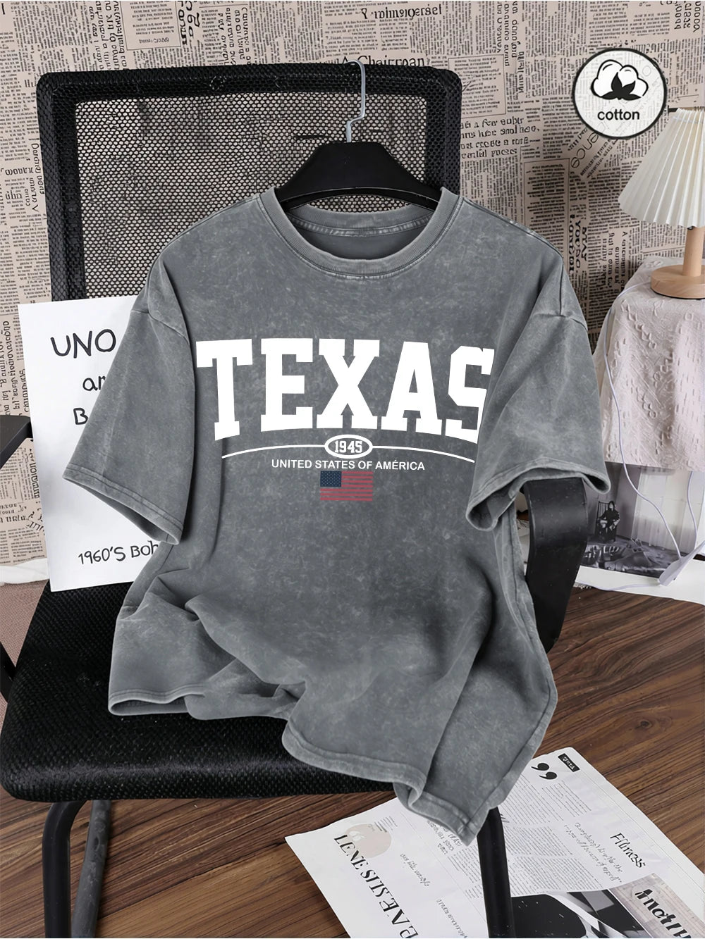 Texas Usa City Letter 1945 Prints Washed T-Shirts Mens Oversized Cotton T Shirt Summer O-Neck Short Sleeve Tops Casual Male Tees