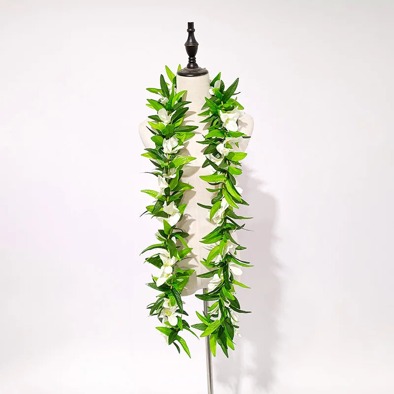 Popular Hawaii Maile Lei Double Ti Leaf With Strand of Purple White Orchids 2025 Graduation Wedding Luau Birthday Celebration