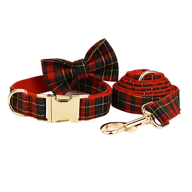 Christmas Dog Collar Customized Designer Logo Red  lattice  on  Soft Cotton Dog Collar Leashes Pet Harness Luxury Dog Leash Set