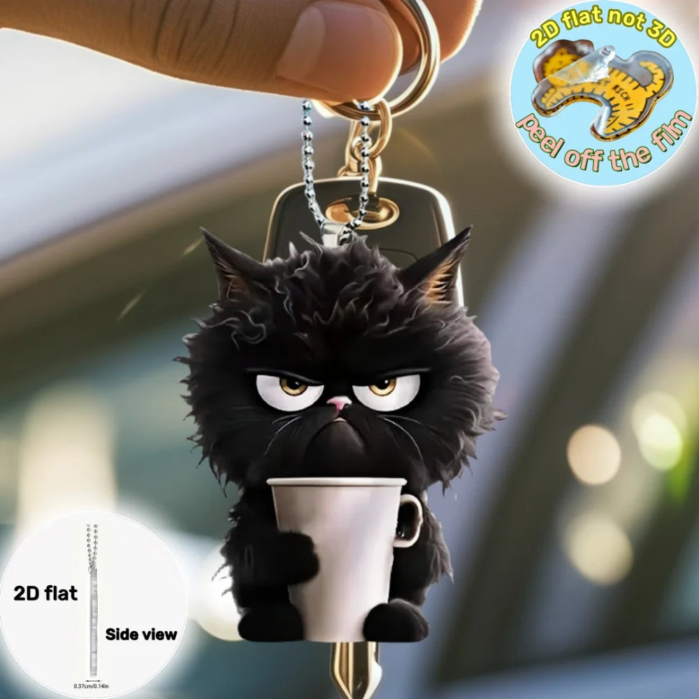 Fun Coffee Black Cat Keychain Versatile Charm,Cute Cartoon Kitten 2D Flat Acrylic Pendant,For Car,Bag,Festive,Party,Gift & Decor