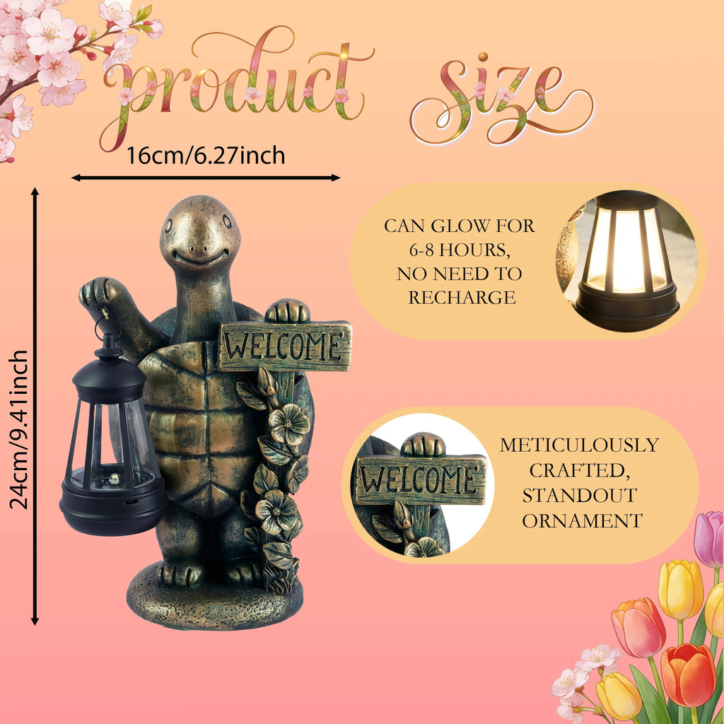 Turtle Welcome Statue with Solar Lantern Garden Ornament Good Luck Outdoor Decorative Lamp