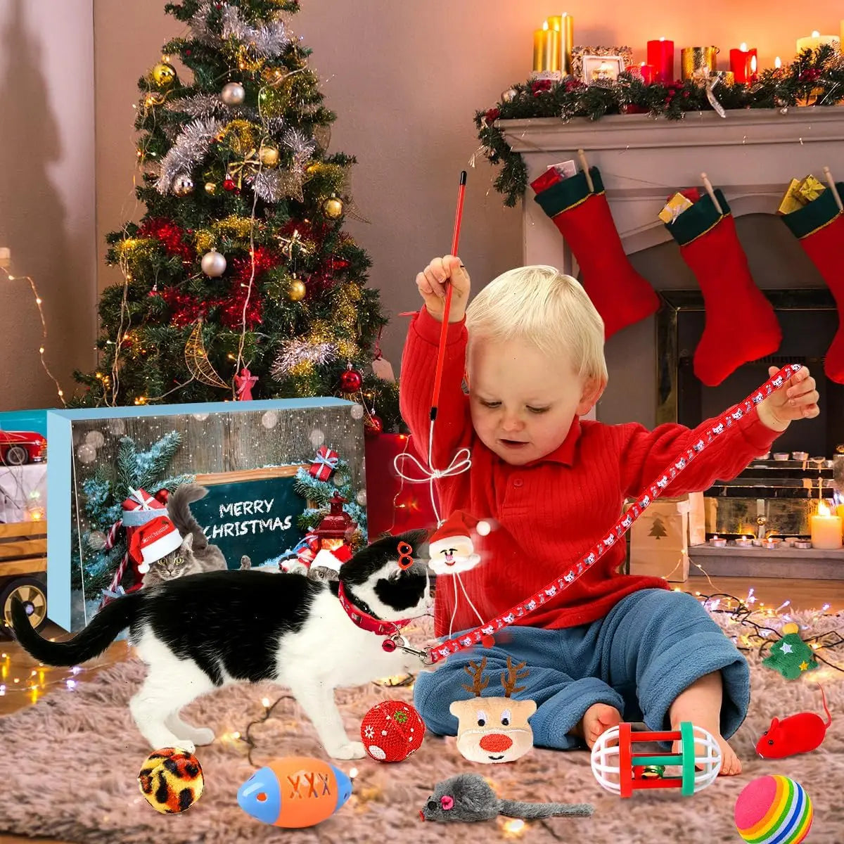 Cat Advent Calendar 2025 Christmas Interactive Toys for Indoor Christmas Gifts Fake Mouse Bell Balls for Cat Lover Gifts