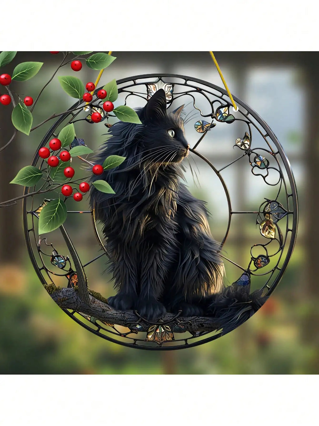 Black cat pendant sitting on a tree branch basking in the sun