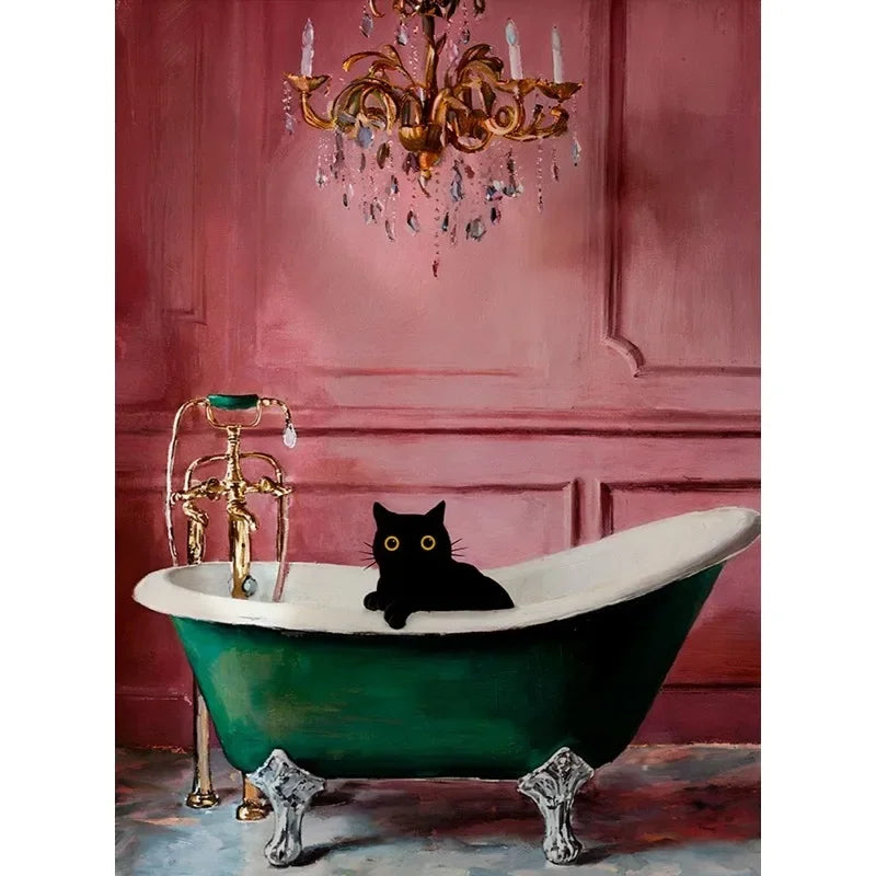 Colourful Funny Black Cat in Bathroom Poster
