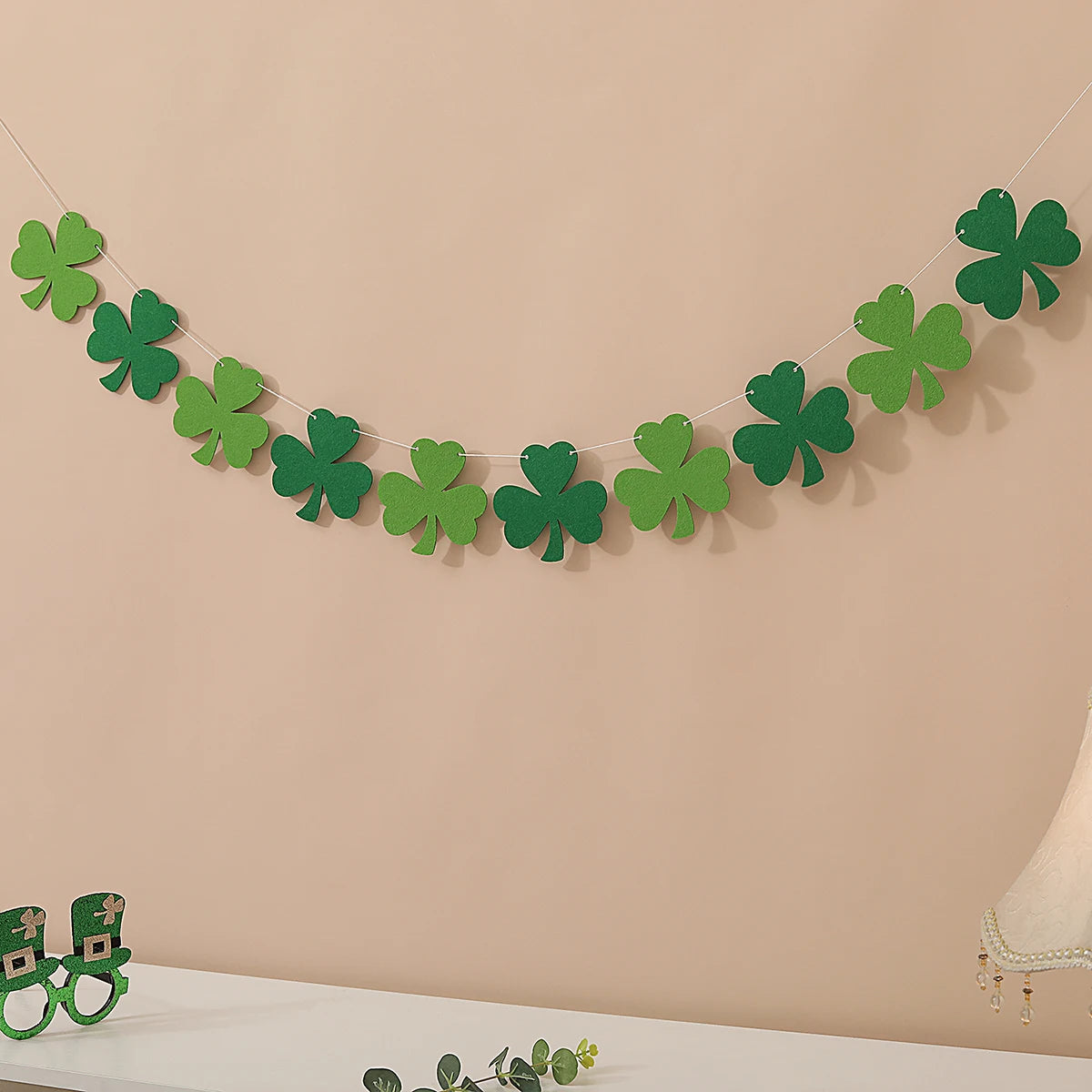 Irish St Patrick's Day felt dark green clover light green clover yellow fishtail clover pennant party decoration layout banner p