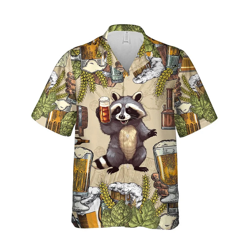 Funny Animal Raccoon 3D Print Beach Shirts For Men Procyon Lotor Lover Short Sleeve Bear Lapel Blouse Hawaiian Boy Button Tops