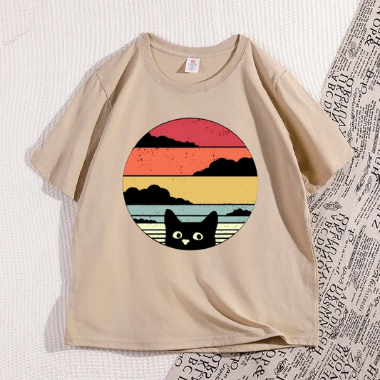 Black Cat Sunset Vintage T Shirt