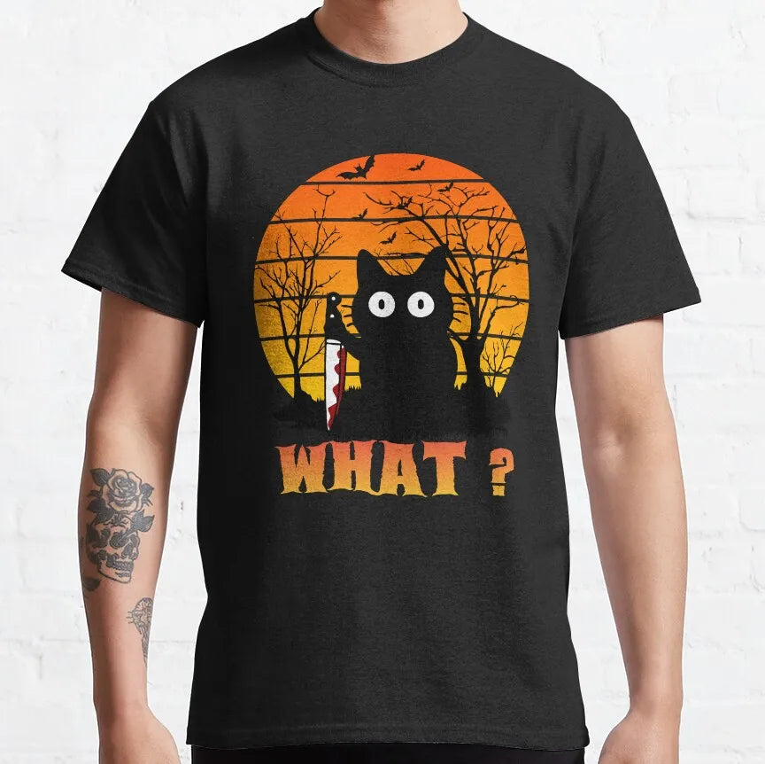 Cat What Murderous Black Cat With Knife T-Shirts for Men Kitten Lovers Cotton Big Tall Tees Short Sleeve T Shirt Big Size 6XL