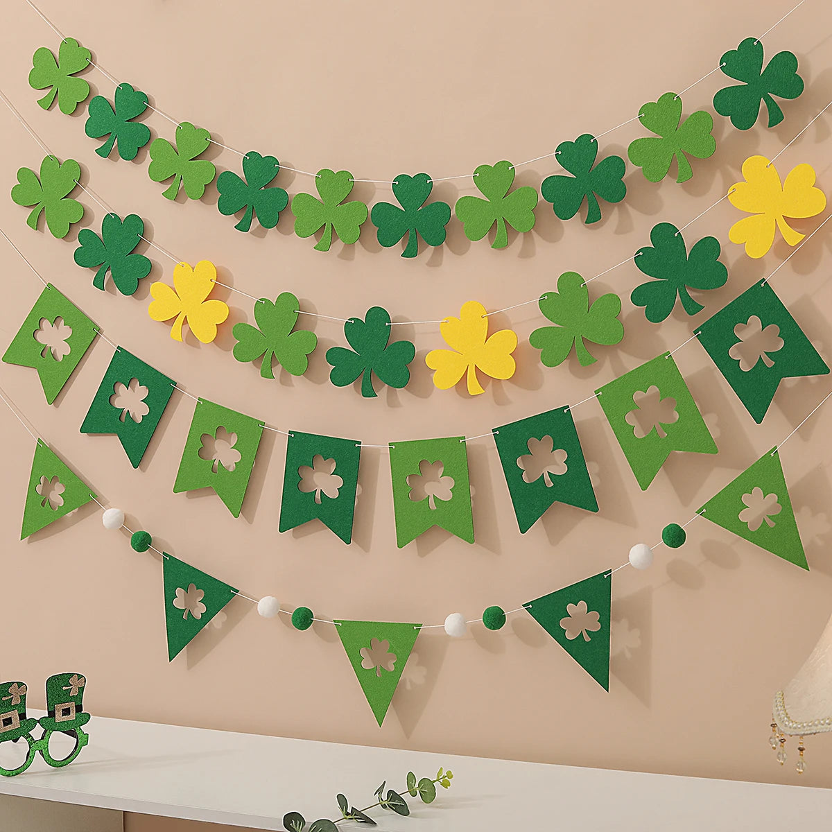 Irish St Patrick's Day felt dark green clover light green clover yellow fishtail clover pennant party decoration layout banner p