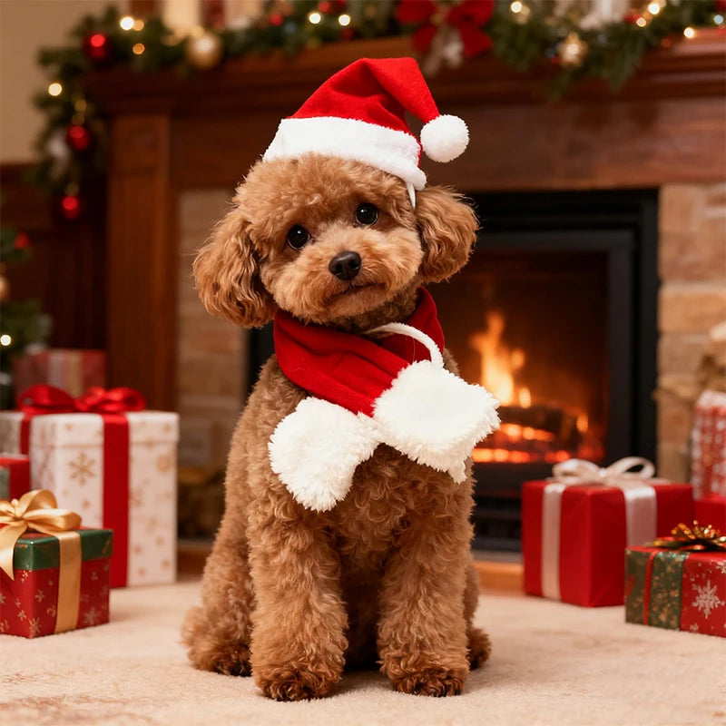 Festive Cat Dog Santa Hat & Scarf Christmas Outfit - Small Dog Holiday Apparel