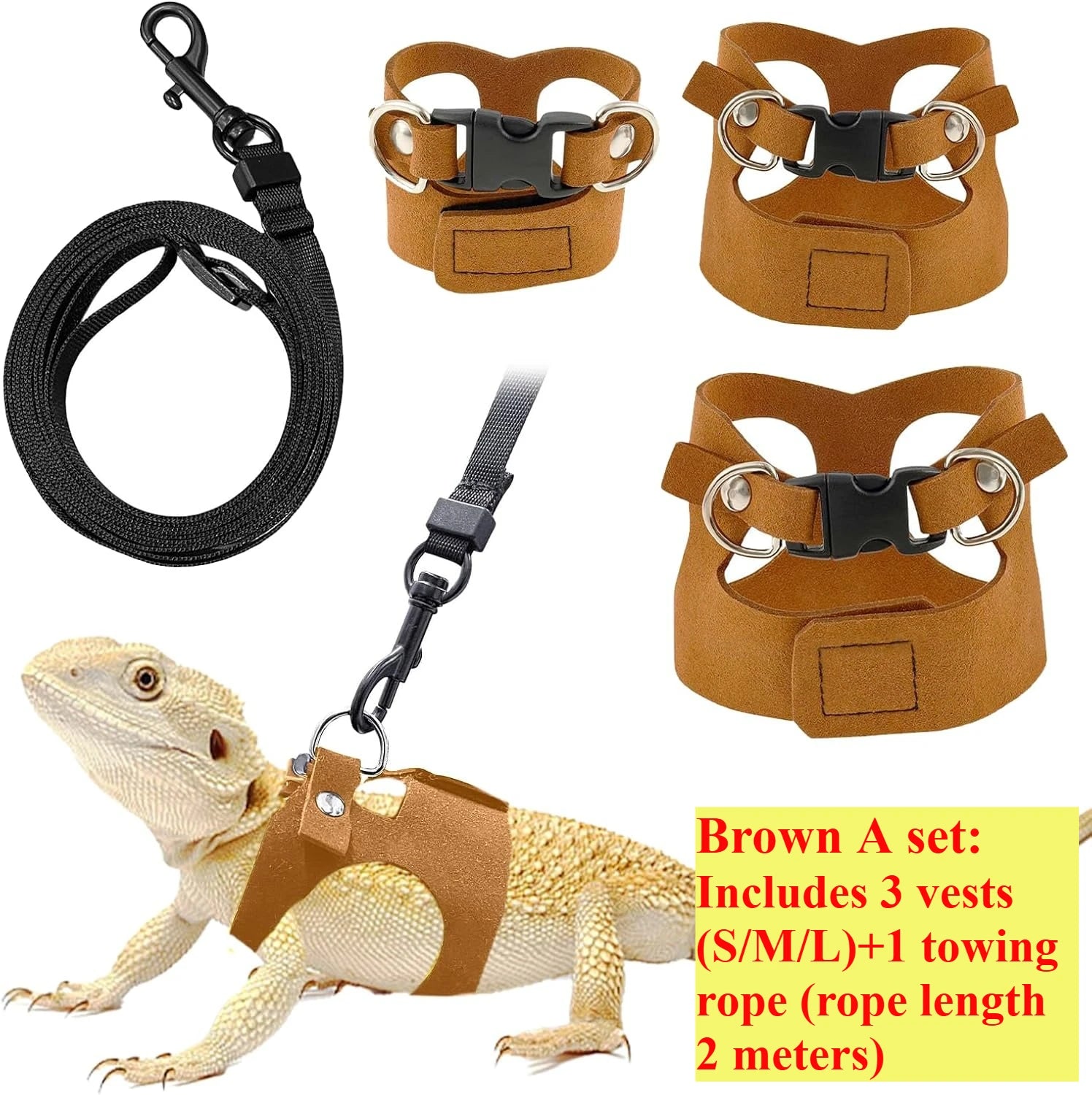 Bearded Dragon Harness and Leash Set, 3 Size Adjustable Soft Leather Reptile Leash, Lizard Harness with Retractable