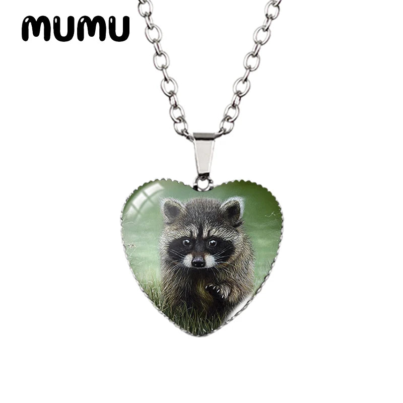 2023 New Raccoon Heart Necklace Cute Animal Painting Glass Printed Photo Pendant Handmade Jewelry Gifts Children
