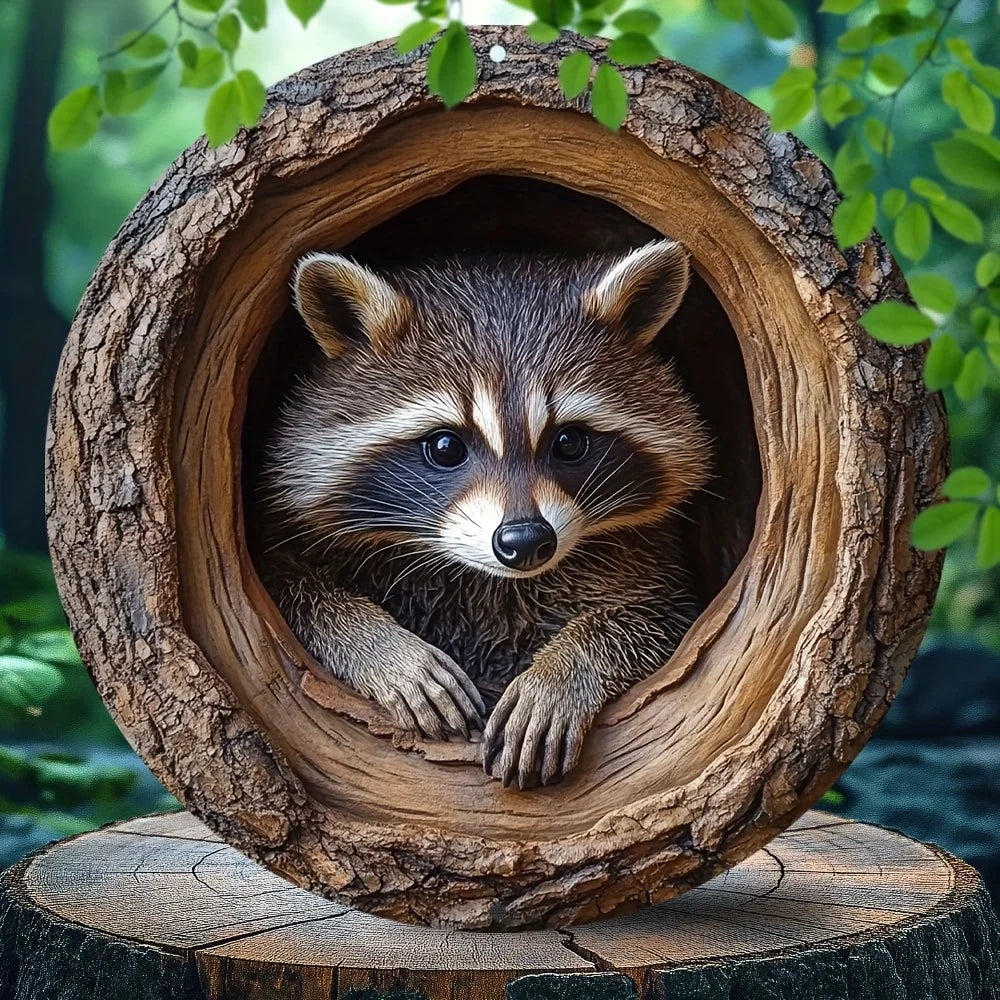 Raccoon in Tree Hole Aluminum Sign - Multifunctional Wall Decor, Waterproof Durable Metal Plaque for Home, Room Decor