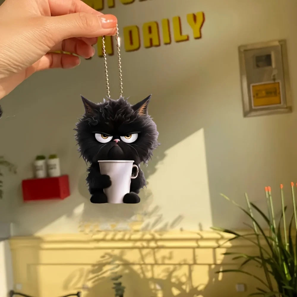 Fun Coffee Black Cat Keychain Versatile Charm,Cute Cartoon Kitten 2D Flat Acrylic Pendant,For Car,Bag,Festive,Party,Gift & Decor
