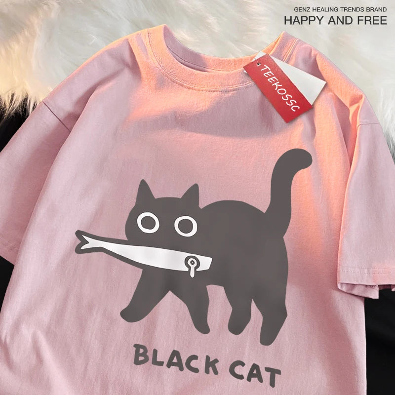 Fun A Black Cat Eating Fish Japanese Style T-Shirt