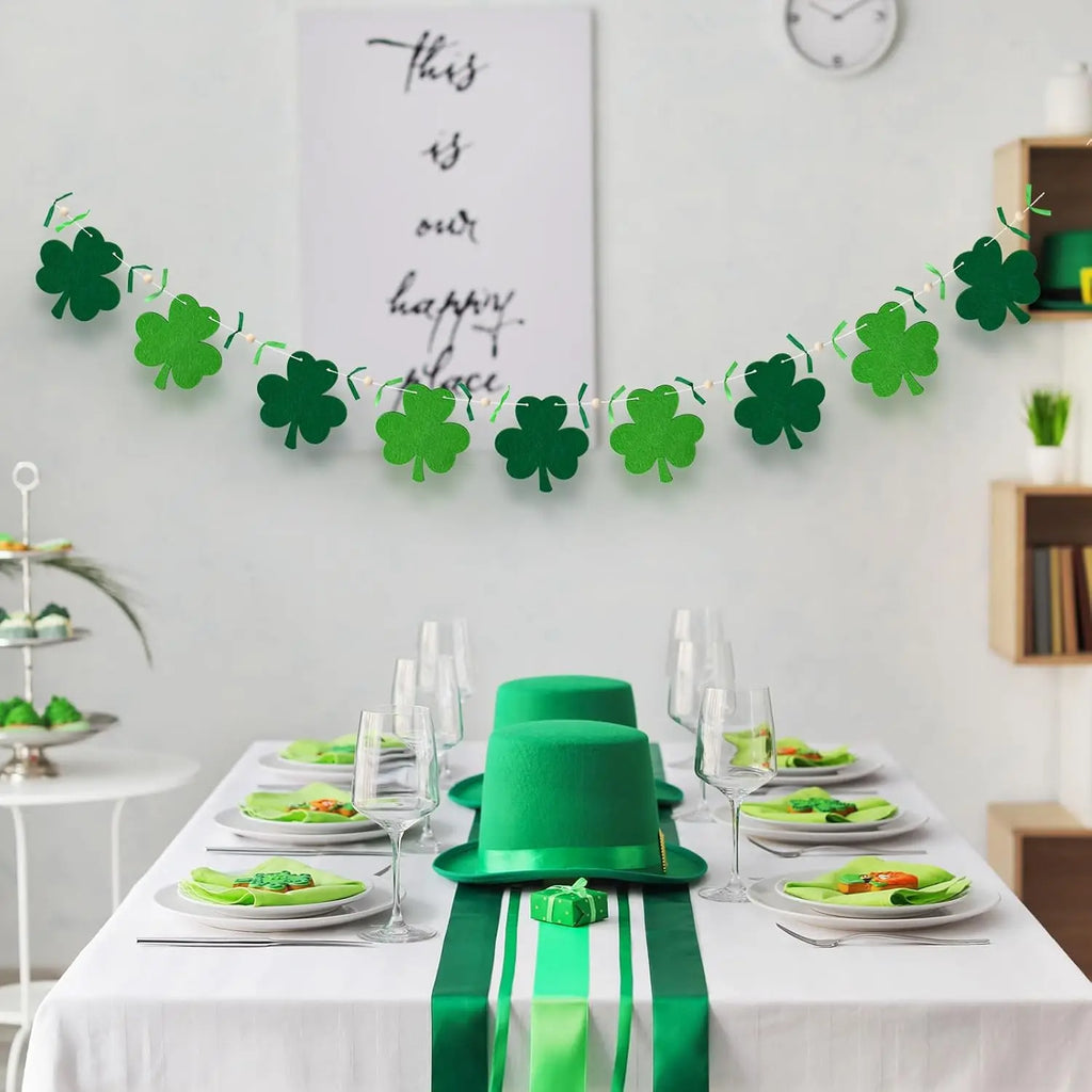 St.Patrick's Day Shamrock Garland, Green Shamrock Banner, Rustic Farmhouse Decor for Indoor Fireplace Mantle Hanging Decorations