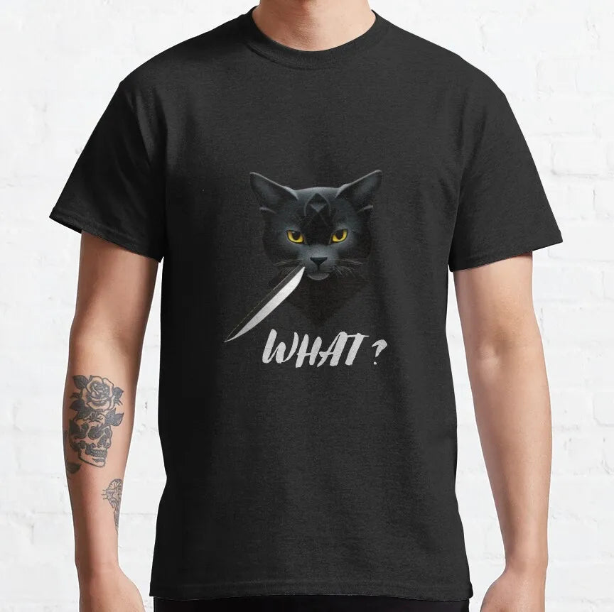 Cat What Murderous Black Cat With Knife T-Shirts for Men Kitten Lovers Cotton Big Tall Tees Short Sleeve T Shirt Big Size 6XL