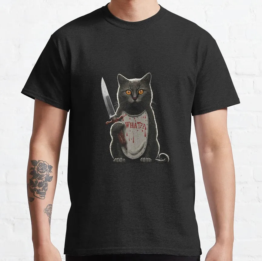 Cat What Murderous Black Cat With Knife T-Shirts for Men Kitten Lovers Cotton Big Tall Tees Short Sleeve T Shirt Big Size 6XL
