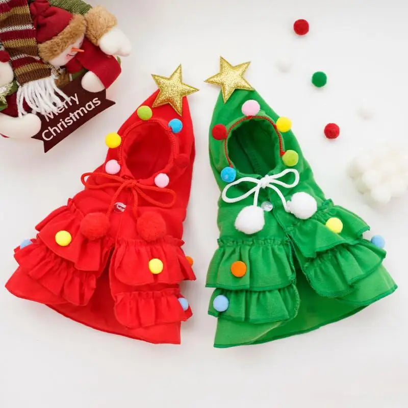 2025 Christmas Cat Dog Winter Warm Cloak Christmas Tree Shape Red Green Party Outfit For Puppy Kitten Transformation Apparel