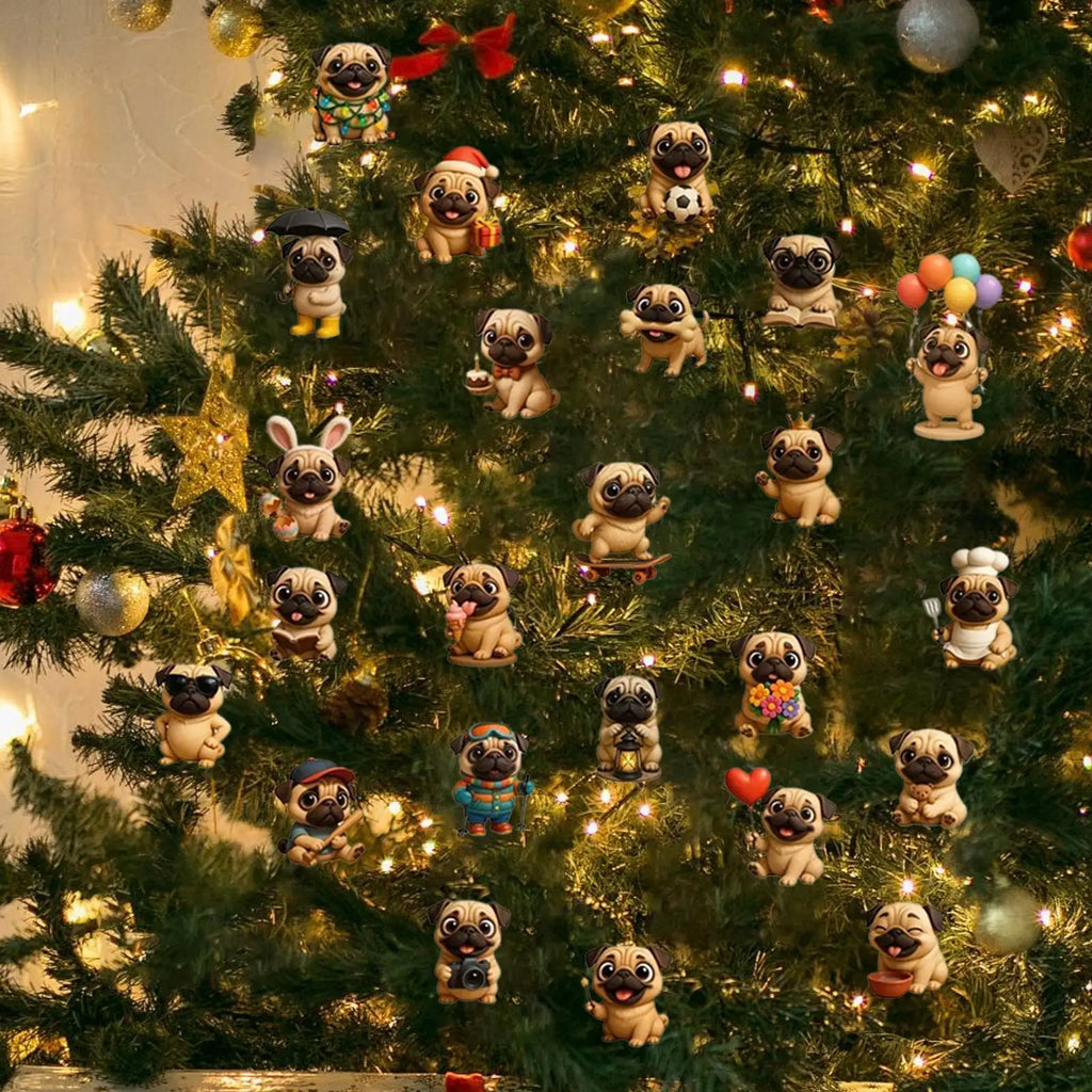 Pug Christmas Advent 24 Days 2D Acrylic Dog christmas Decorations Pug Tree Ornament Countdown Calendar For Home Kids Adults Dog