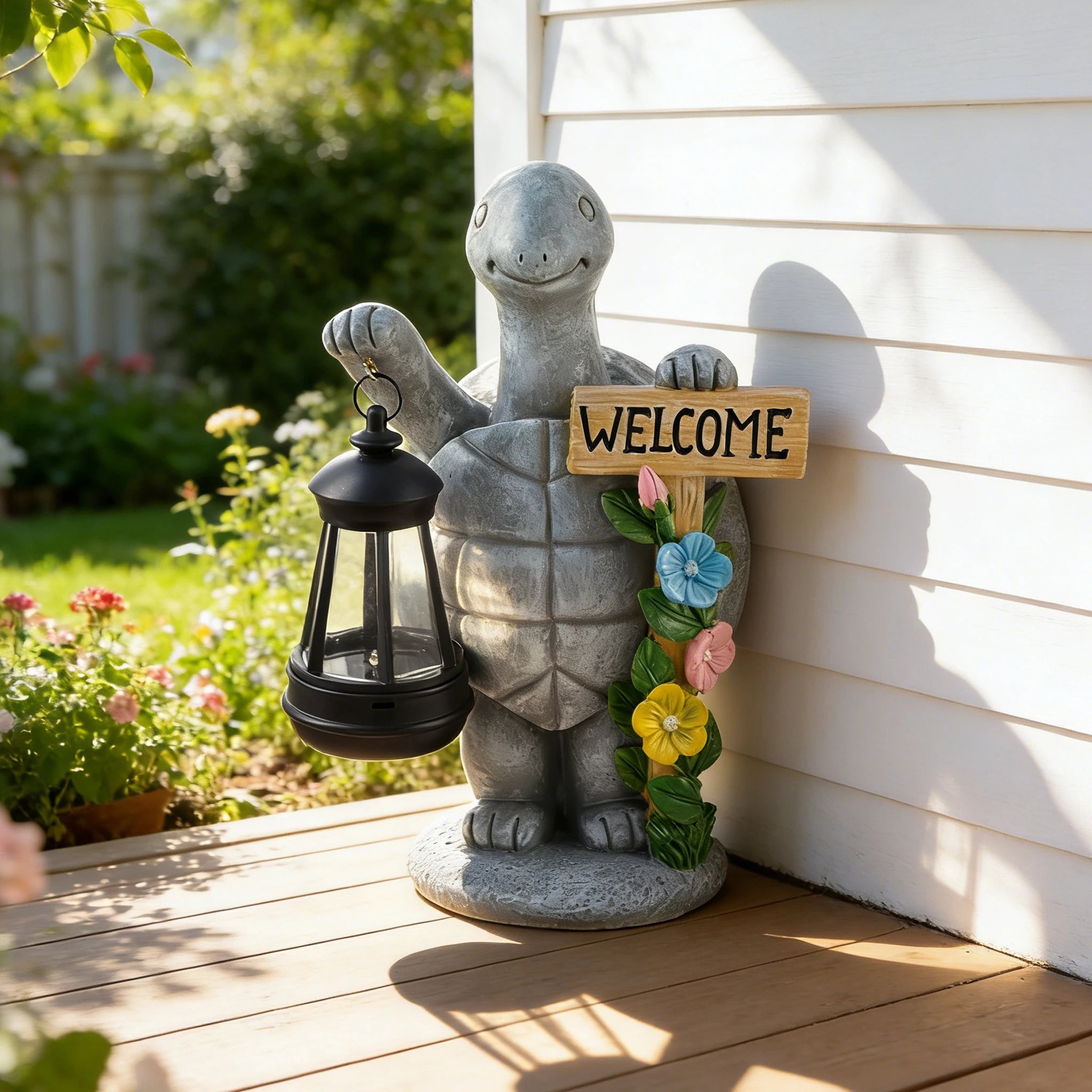 Turtle Welcome Statue with Solar Lantern Garden Ornament Good Luck Outdoor Decorative Lamp