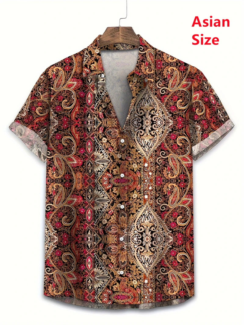 Hawaii Shirts For Men 3D Paisley Graphic Short-sleeved T-shirt Casual Lapel Buttons Male Tops Summer Oversized Bohemian Man Tees