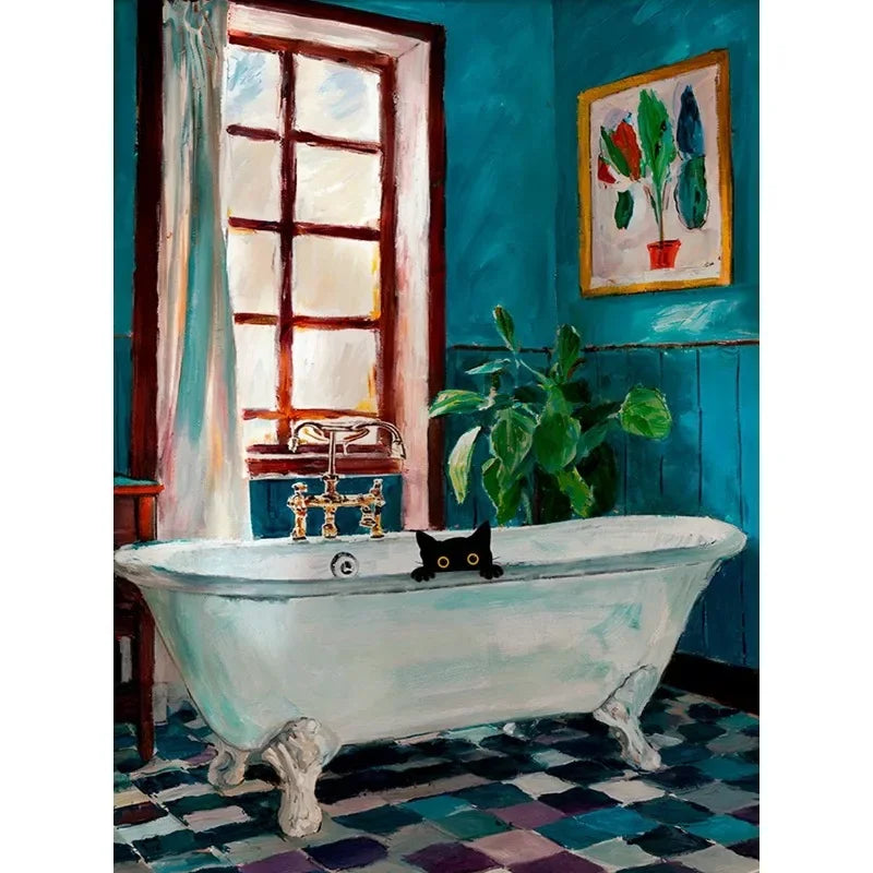 Colourful Funny Black Cat in Bathroom Poster