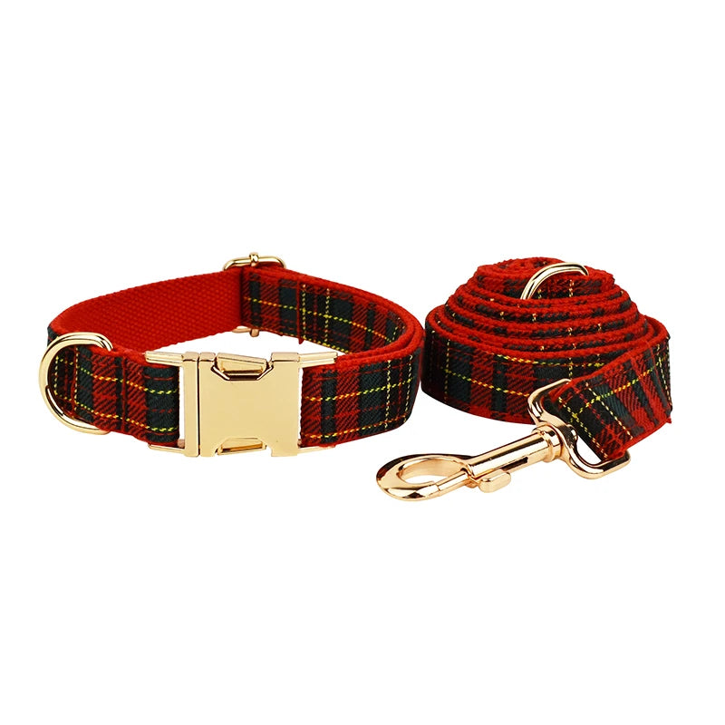 Christmas Dog Collar Customized Designer Logo Red  lattice  on  Soft Cotton Dog Collar Leashes Pet Harness Luxury Dog Leash Set