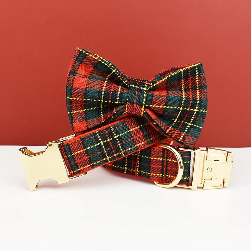 Christmas Dog Collar Customized Designer Logo Red  lattice  on  Soft Cotton Dog Collar Leashes Pet Harness Luxury Dog Leash Set