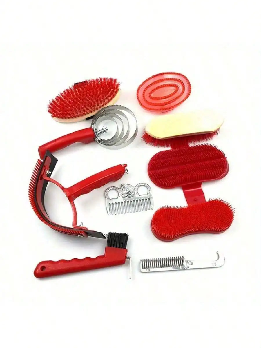 Horse Grooming Kit 10-Piece, Professional Horse Brush Set Including Curry Comb, Body Brush, Hoof Pick, Sweat Scraper – Essential