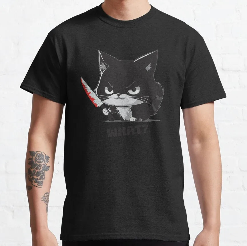 Cat What Murderous Black Cat With Knife T-Shirts for Men Kitten Lovers Cotton Big Tall Tees Short Sleeve T Shirt Big Size 6XL