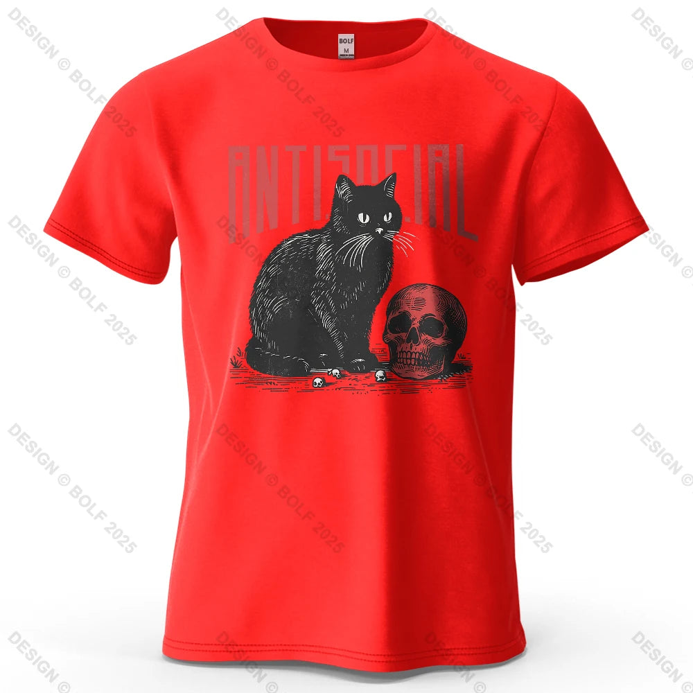 Black Cat Skull Printed T-Shirt