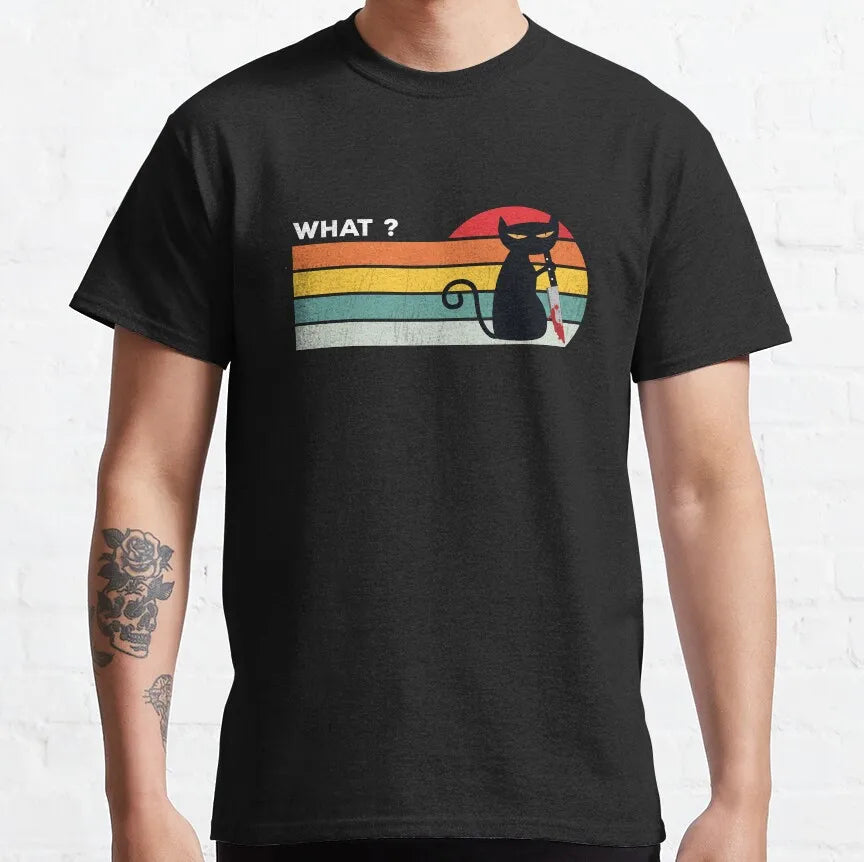 Cat What Murderous Black Cat With Knife T-Shirts for Men Kitten Lovers Cotton Big Tall Tees Short Sleeve T Shirt Big Size 6XL
