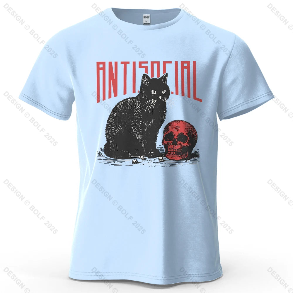 Black Cat Skull Printed T-Shirt