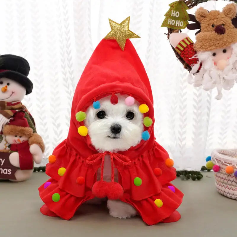 2025 Christmas Cat Dog Winter Warm Cloak Christmas Tree Shape Red Green Party Outfit For Puppy Kitten Transformation Apparel
