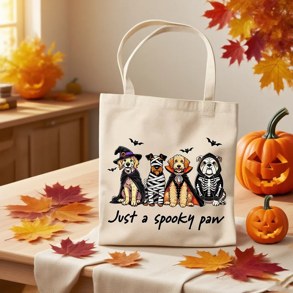 Halloween Dog Tote Bag Just A Spooky Paw Canvas Bag Cute Birthday Gift Festival Party Decoration Trick or Treat Dog Lover Favors