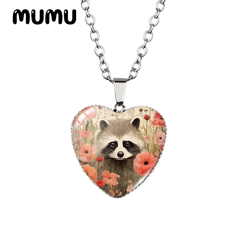 2023 New Raccoon Heart Necklace Cute Animal Painting Glass Printed Photo Pendant Handmade Jewelry Gifts Children