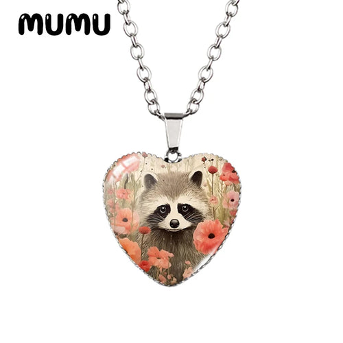 2023 New Raccoon Heart Necklace Cute Animal Painting Glass Printed Photo Pendant Handmade Jewelry Gifts Children
