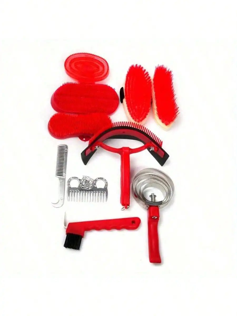 Horse Grooming Kit 10-Piece, Professional Horse Brush Set Including Curry Comb, Body Brush, Hoof Pick, Sweat Scraper – Essential