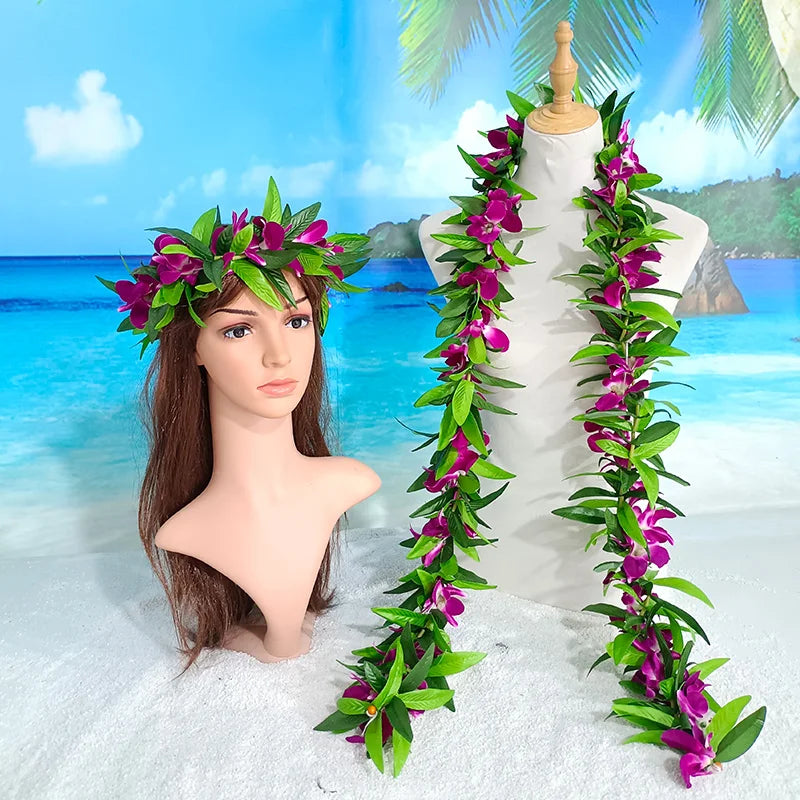 Popular Hawaii Maile Lei Double Ti Leaf With Strand of Purple White Orchids 2025 Graduation Wedding Luau Birthday Celebration