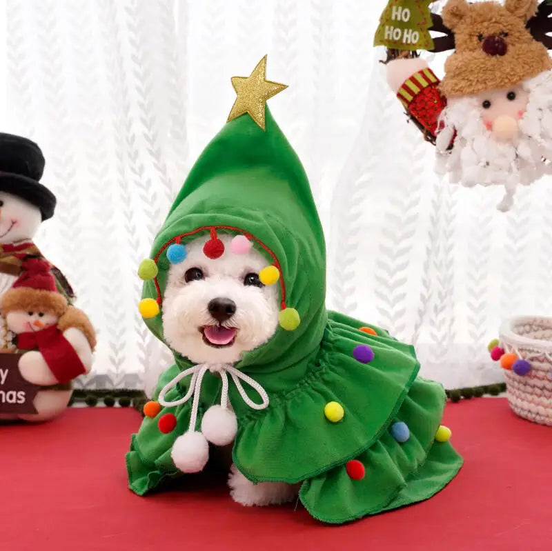 2025 Christmas Cat Dog Winter Warm Cloak Christmas Tree Shape Red Green Party Outfit For Puppy Kitten Transformation Apparel