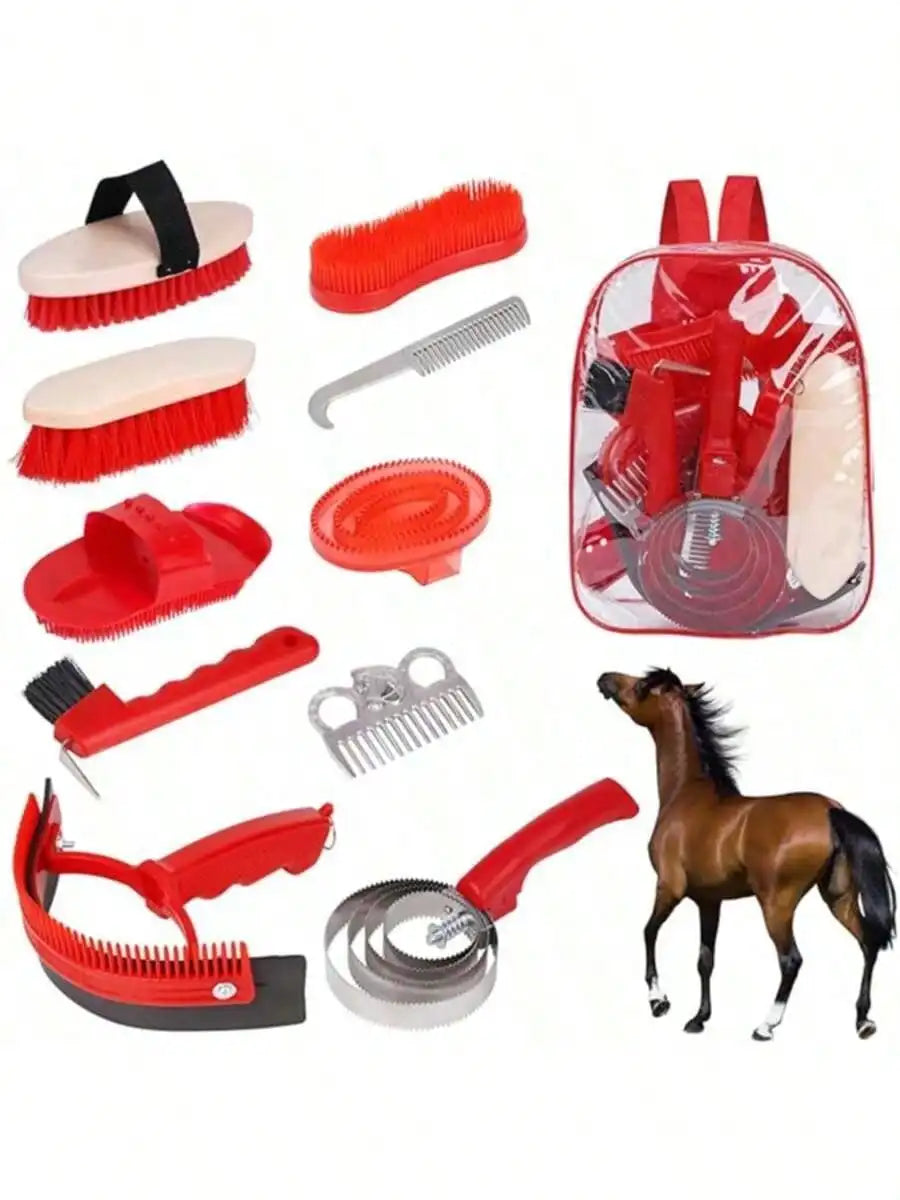 Horse Grooming Kit 10-Piece, Professional Horse Brush Set Including Curry Comb, Body Brush, Hoof Pick, Sweat Scraper – Essential